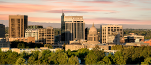 A sunset picture of the Boise, Idaho skyline.