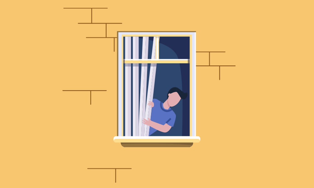 A illustration of a person peering out of the window hiding behind the blinds.